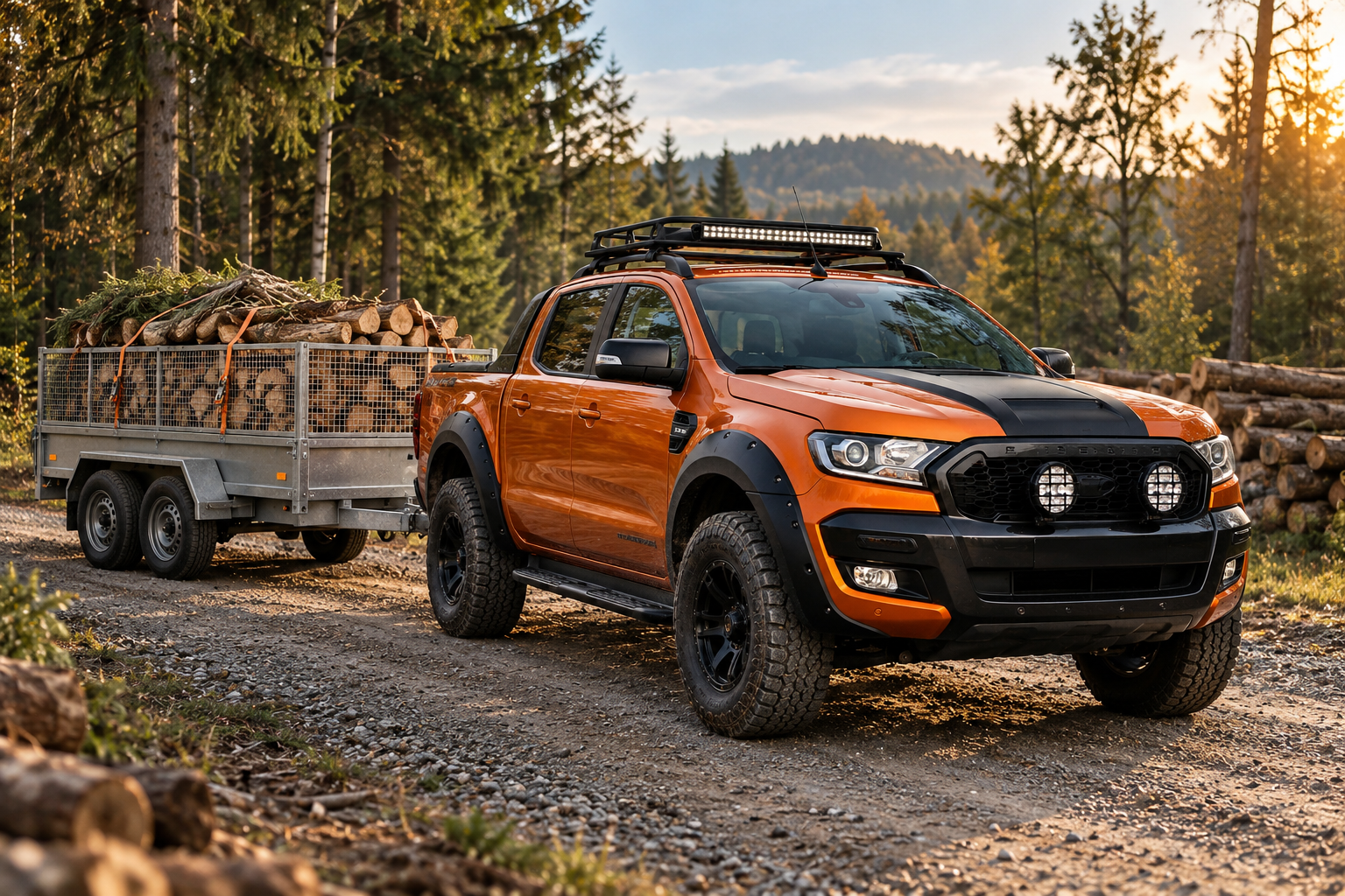 Oranžový Ford Ranger s přívěsem naloženým dřevem na lesní cestě – ilustrační vizualizace
